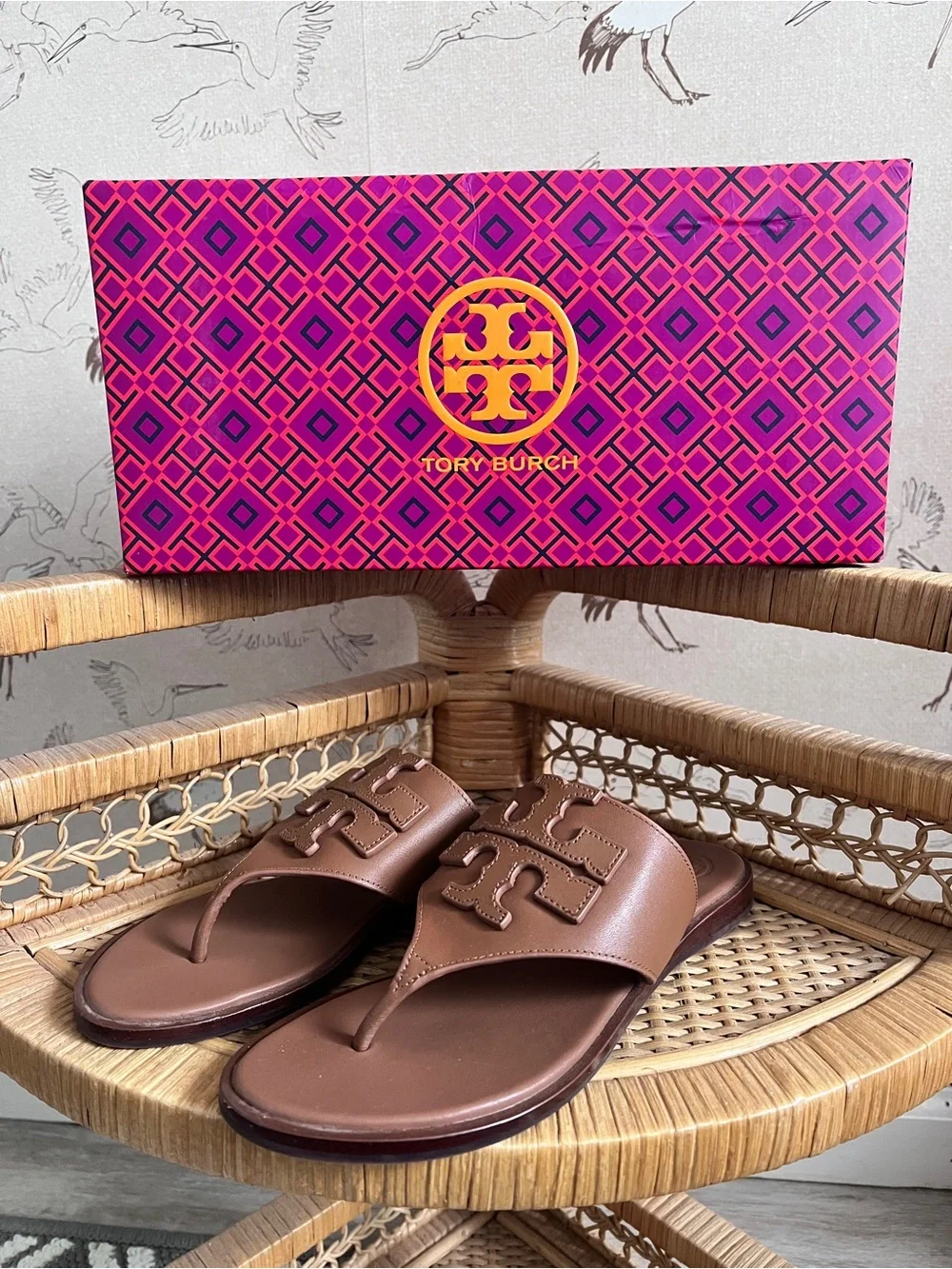 Tory Burch‎ Weston full logo thong sandals calf leather royal tan